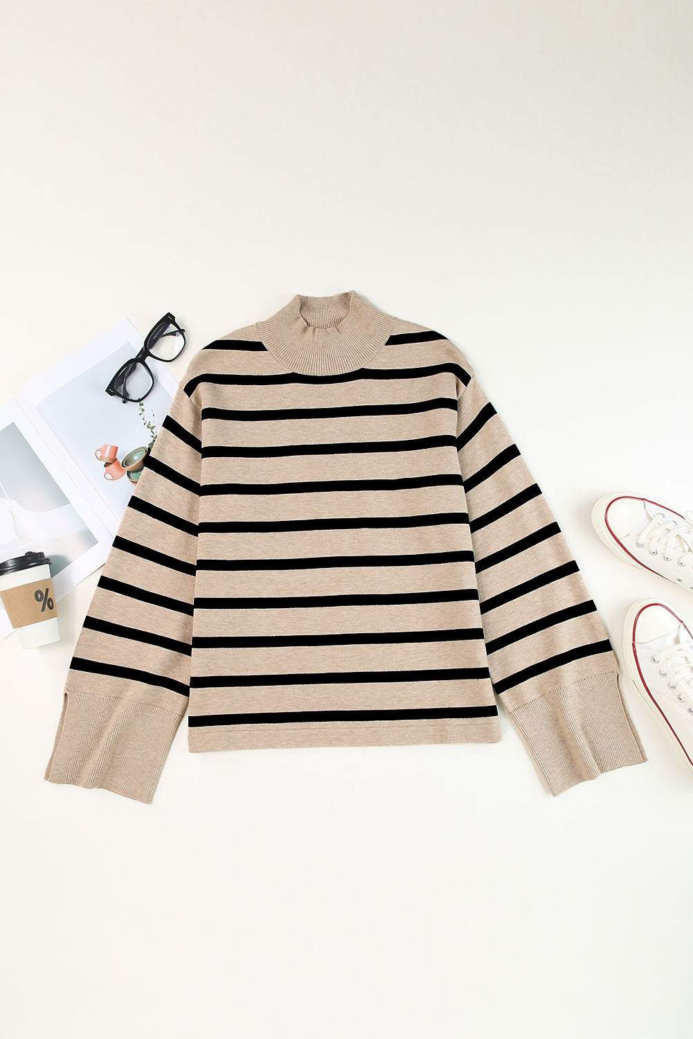 Khaki Striped Mock Neck Bell Sleeve Knit Sweater OniTakai