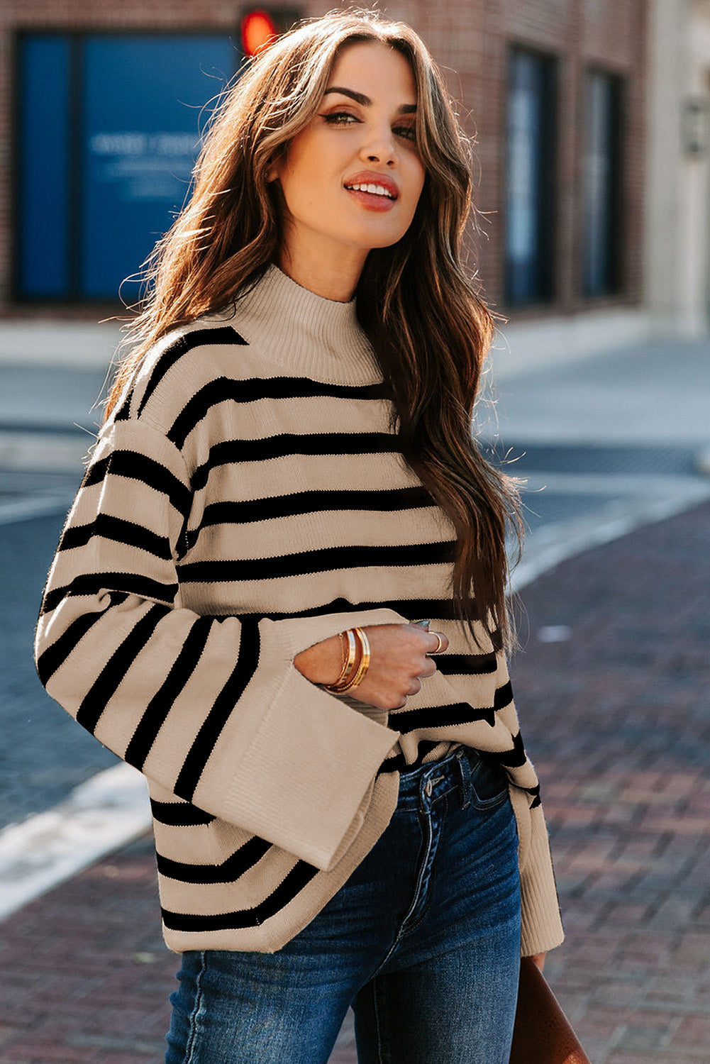 Khaki Striped Mock Neck Bell Sleeve Knit Sweater OniTakai