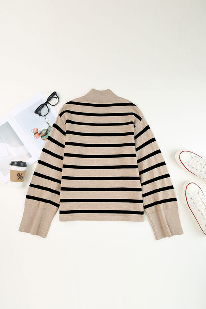 Khaki Striped Mock Neck Bell Sleeve Knit Sweater OniTakai