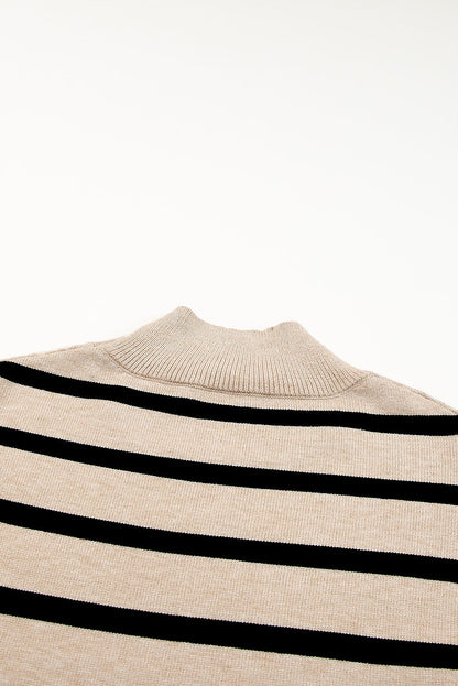 Khaki Striped Mock Neck Bell Sleeve Knit Sweater OniTakai