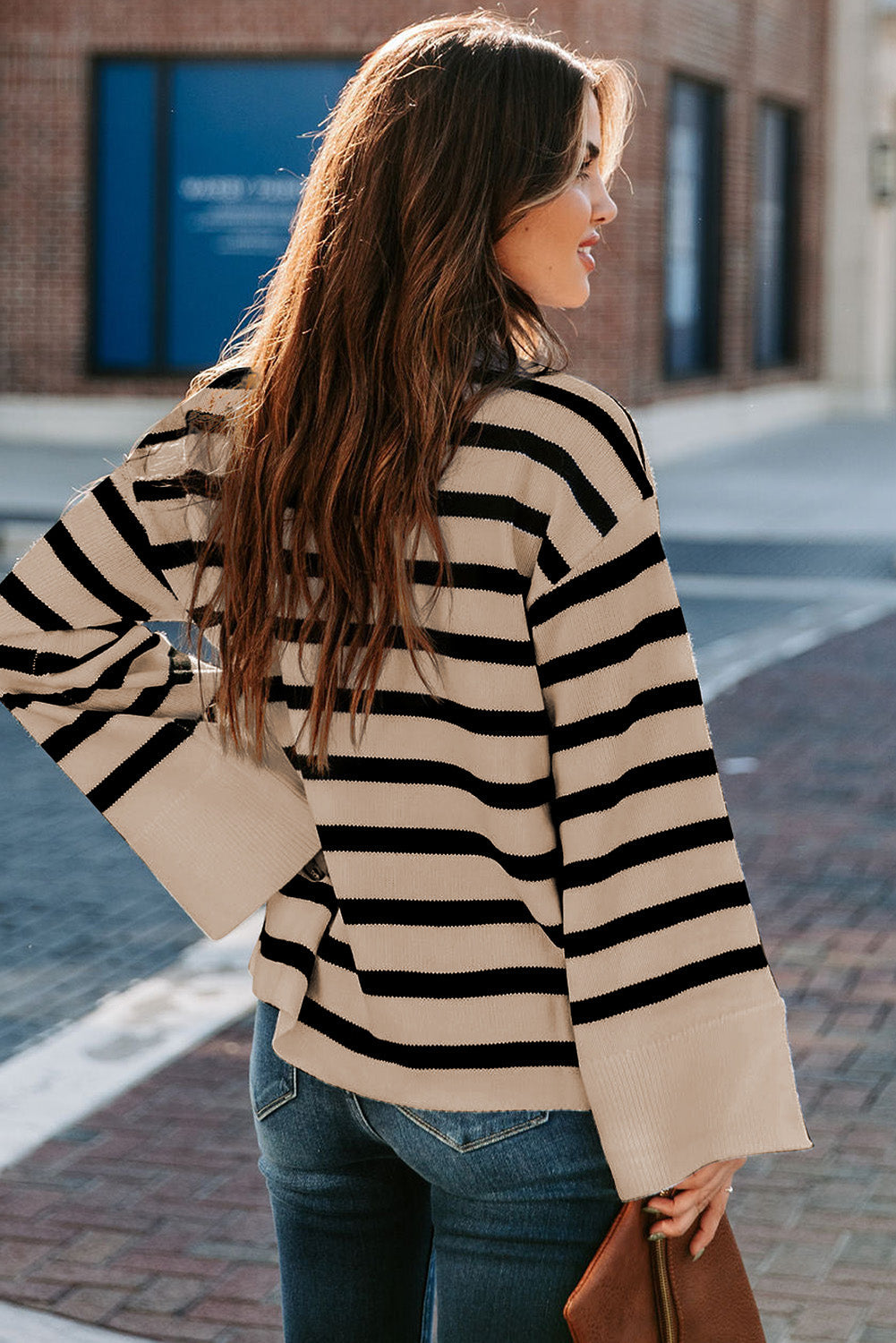 Khaki Striped Mock Neck Bell Sleeve Knit Sweater OniTakai