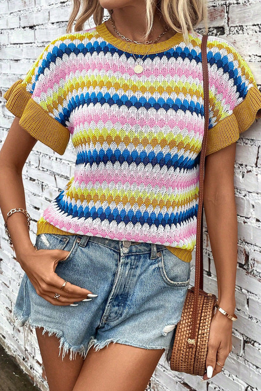 Khaki Trimmed Ruffle Sleeve Colorful Textured Sweater OniTakai