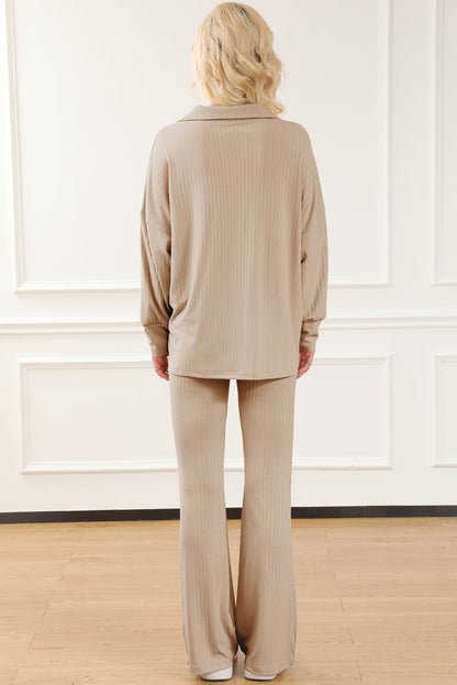 Khaki Wide Ribbed Textured Turn-Down Pullover Pants Outfit OniTakai