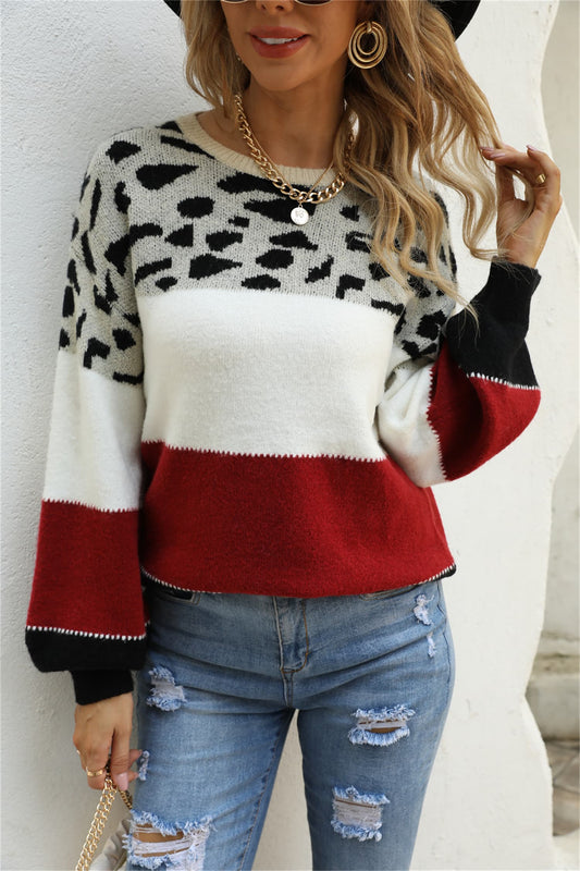 Leopard Contrast Color Block Round Neck Lantern Sleeve Sweater OniTakai