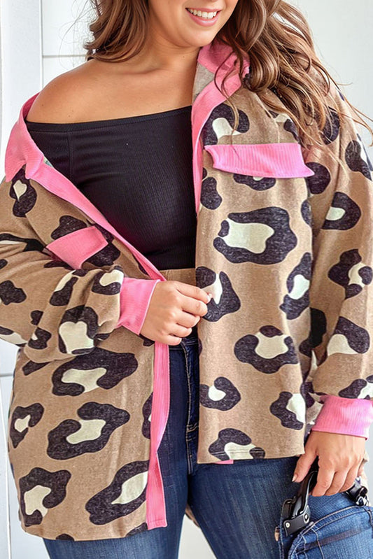 Leopard Contrast Trim Fake Flap Pocket Plus Size Jacket OniTakai