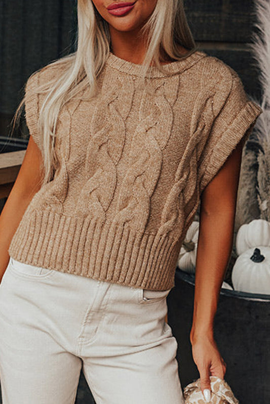 Light French Beige Cap Sleeve Cable Knit Sweater OniTakai