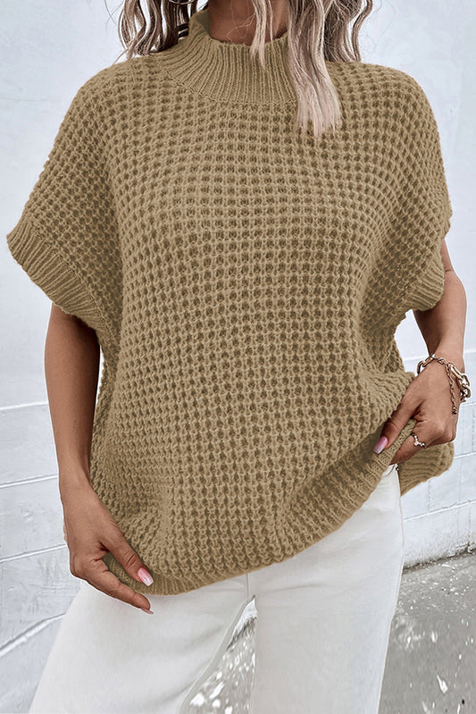 Light French Beige High Neck Short Batwing Sleeve Textured Knit Sweater OniTakai