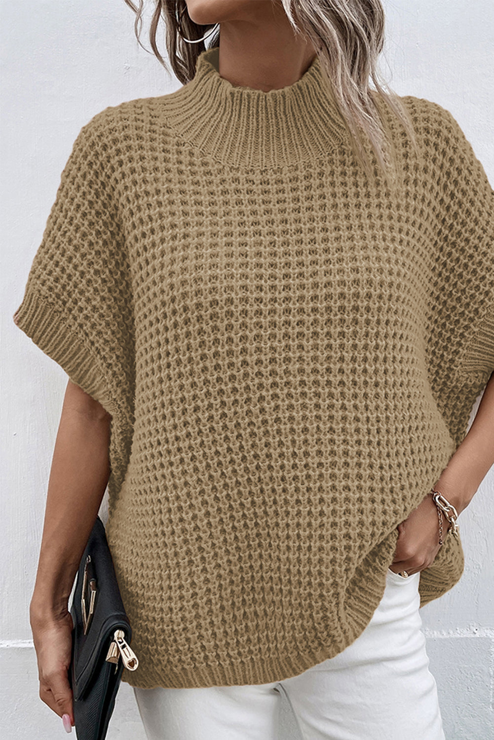 Light French Beige High Neck Short Batwing Sleeve Textured Knit Sweater OniTakai