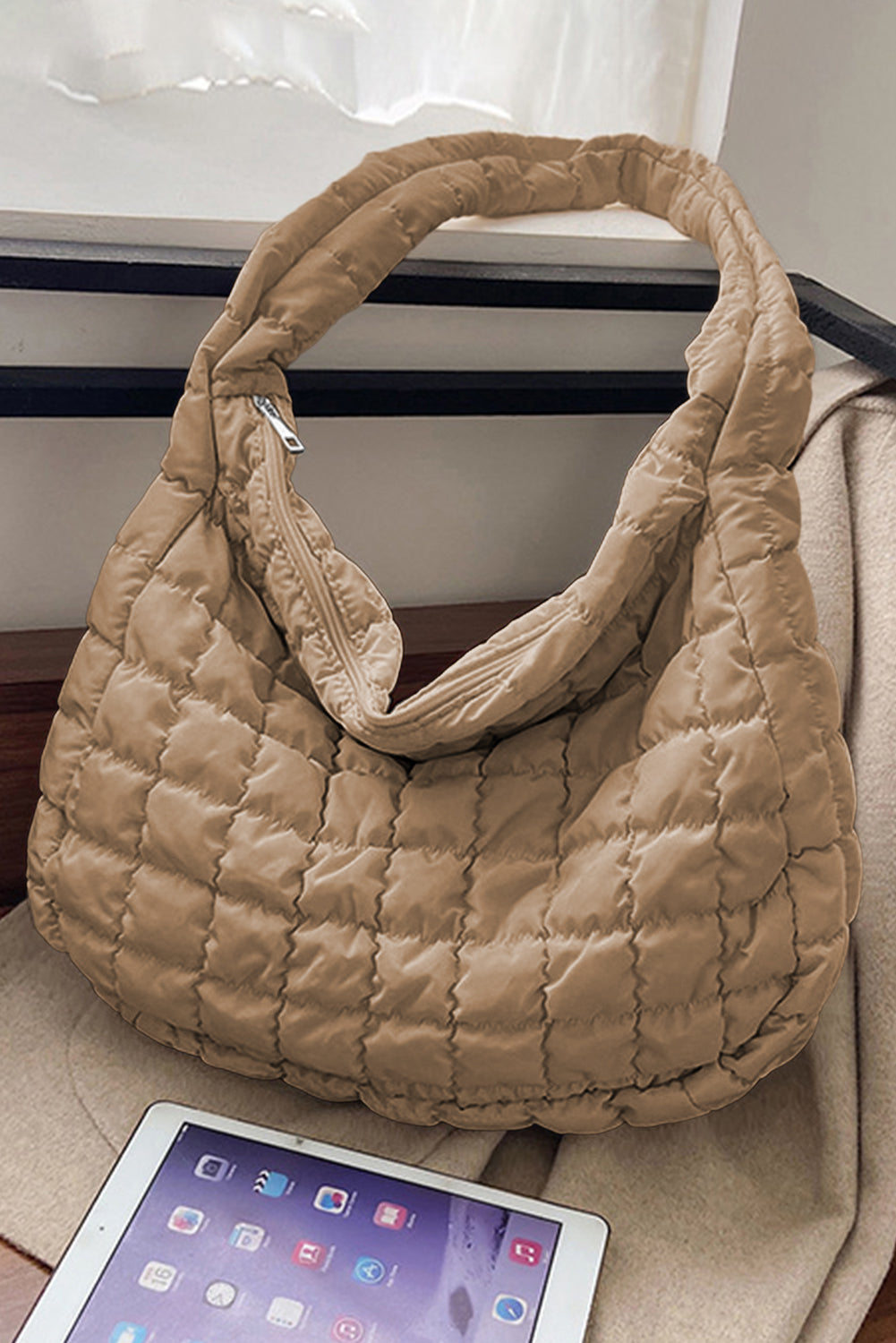 Light French Beige Quilted Zipper Large Shoulder Bag OniTakai