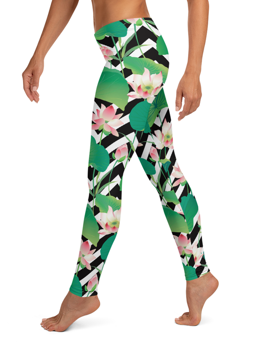 Lotus Flowers Chevron Pattern Low Waist Yoga Leggings OniTakai