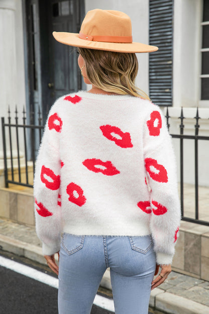 Lovely Lips Printed Round Neck Long Sleeve Fuzzy Sweater OniTakai