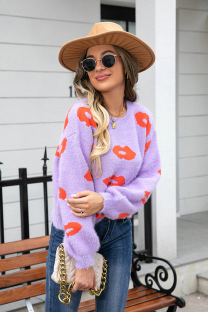 Lovely Lips Printed Round Neck Long Sleeve Fuzzy Sweater OniTakai