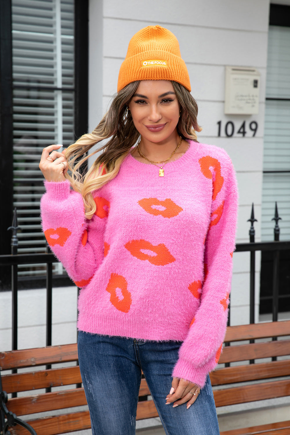 Lovely Lips Printed Round Neck Long Sleeve Fuzzy Sweater OniTakai