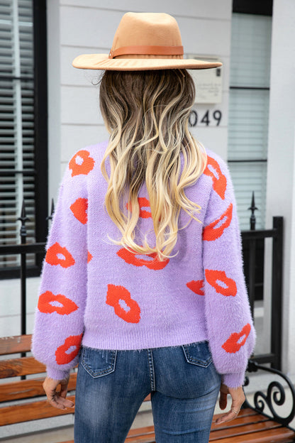 Lovely Lips Printed Round Neck Long Sleeve Fuzzy Sweater OniTakai