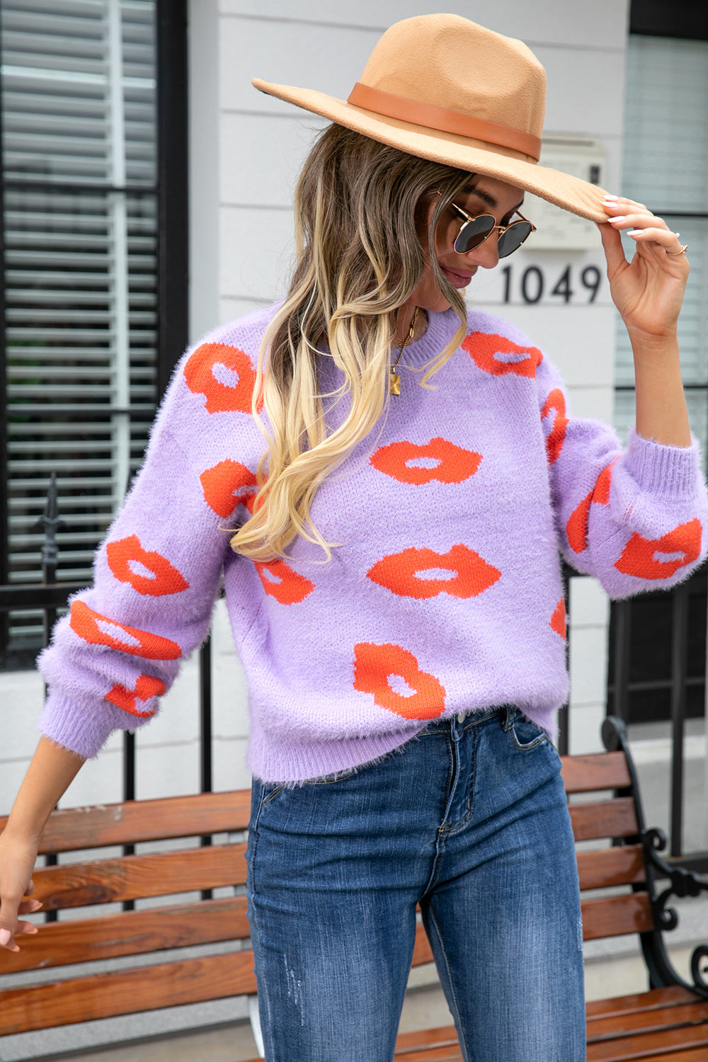 Lovely Lips Printed Round Neck Long Sleeve Fuzzy Sweater OniTakai