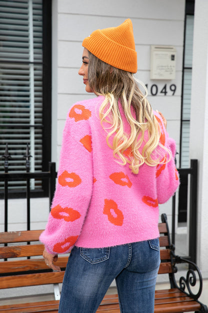 Lovely Lips Printed Round Neck Long Sleeve Fuzzy Sweater OniTakai