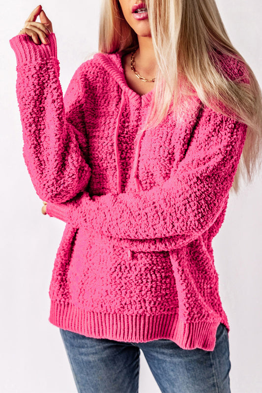 Malibu Dreams Hot Pink Popcorn Knitted Slit Hoodie OniTakai