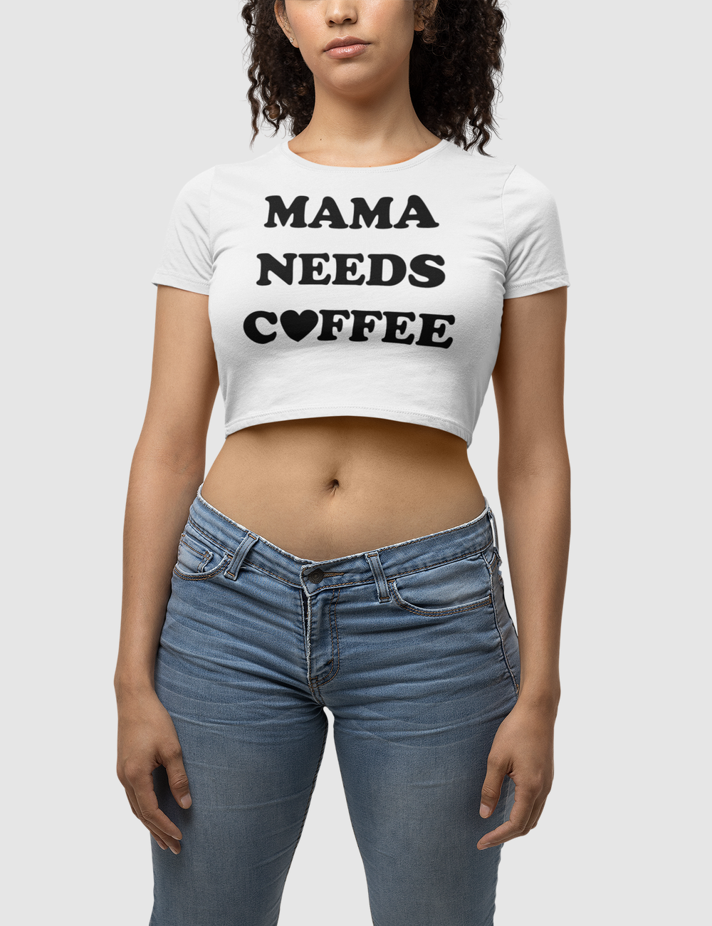 Mama Needs Coffee (Heart Style) Women's Fitted Crop Top T-Shirt OniTakai
