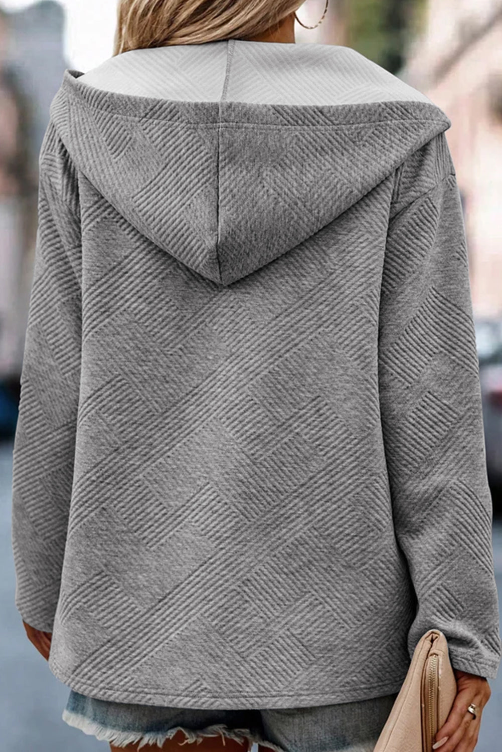 Medium Grey Textured Knit Pin-up Sleeve Pullover Hoodie OniTakai