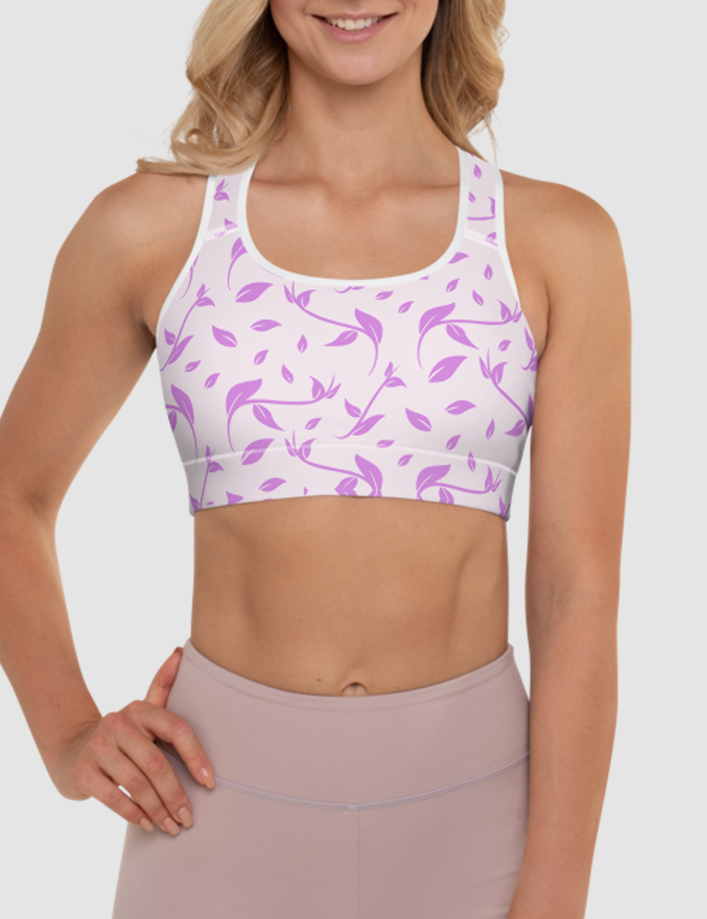 Minimal Light Pink And Purple Floral Print Pattern | Women's Padded Sports Bra OniTakai