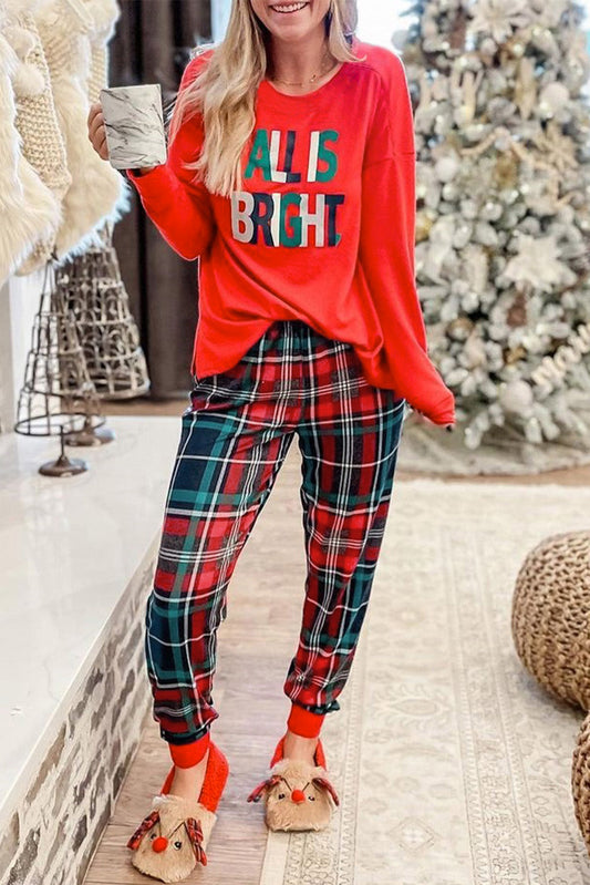 Multicolor ALL IS BRIGHT Graphic Christmas Plaid Pajamas Set OniTakai