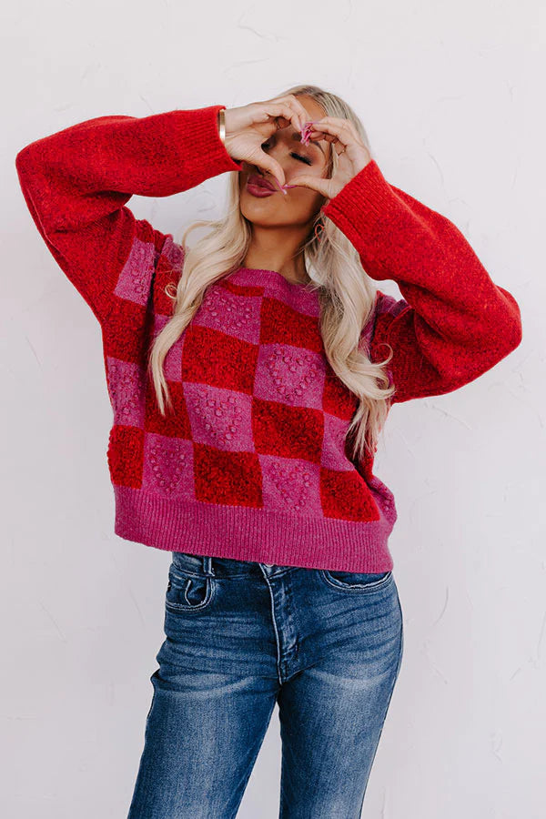 Multicolor Checkered Pattern Heart Detail Textured Sweater OniTakai