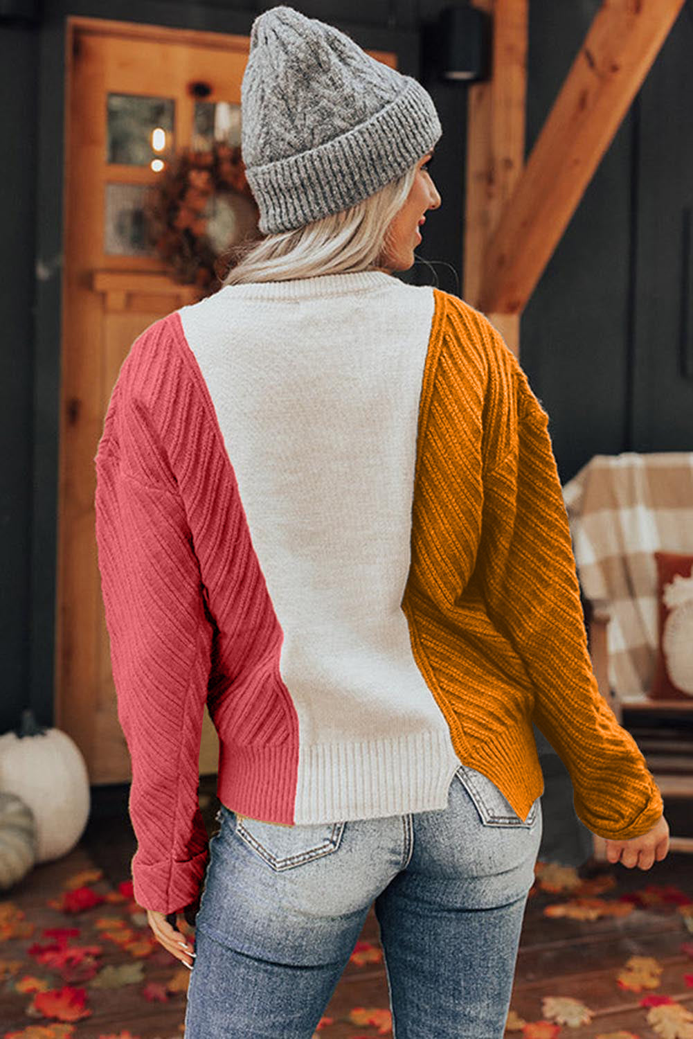 Multicolor Colorblock Textured Drop Shoulder Sweater OniTakai