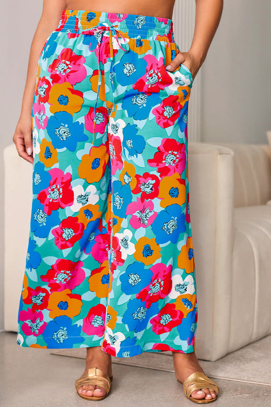 Multicolor Plus Size Abstract Floral Print Wide Leg Pants OniTakai