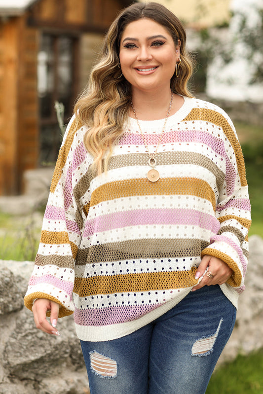 Multicolor Plus Size Striped Hollowed Knitted Loose Sweater OniTakai