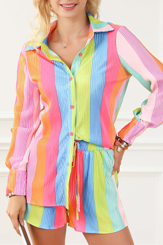 Multicolor Rainbow Stripe Crinckle Shirt and Shorts Outfit OniTakai