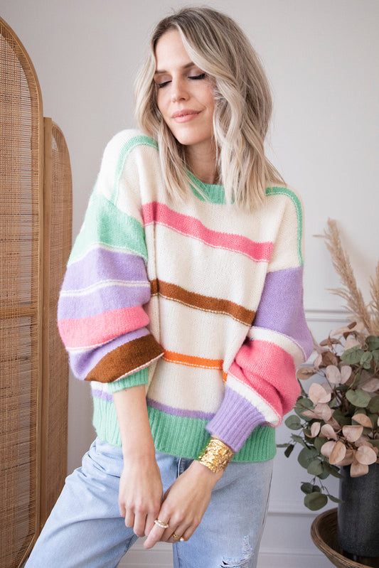 Multicolor Striped Colorblock Drop Shoulder Sweater OniTakai