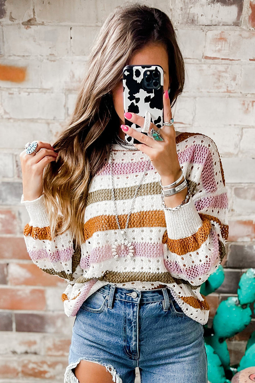 Multicolor Striped Hollowed Knitted Loose Sweater OniTakai