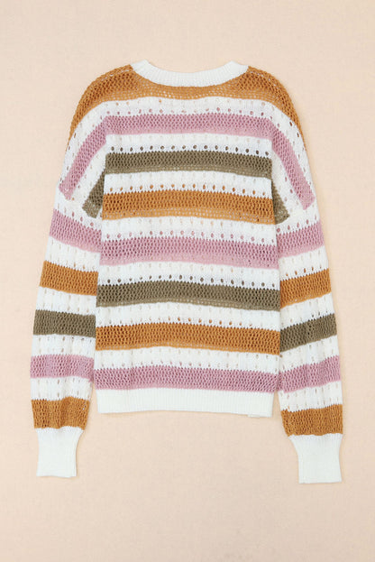 Multicolor Striped Hollowed Knitted Loose Sweater OniTakai