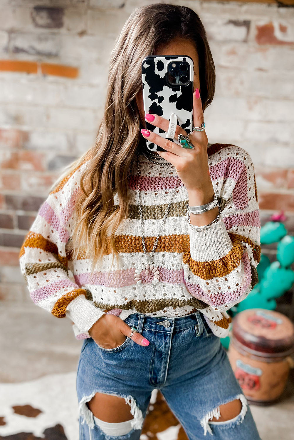 Multicolor Striped Hollowed Knitted Loose Sweater OniTakai