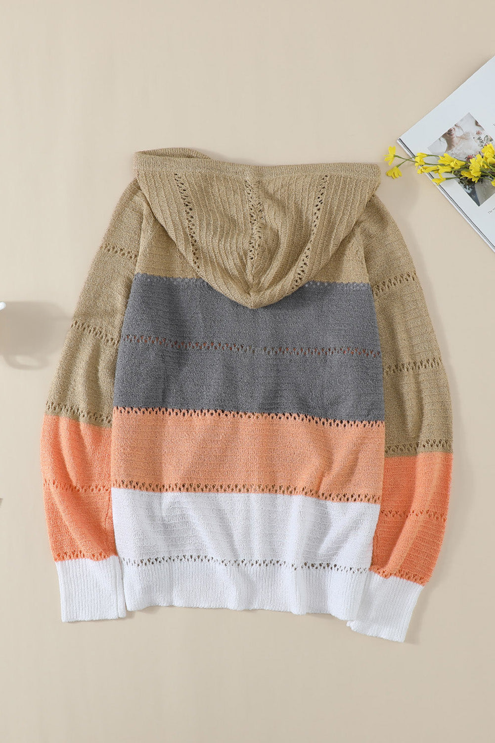 Multicolor Zipped Front Colorblock Hollow-Out Knit Hoodie OniTakai