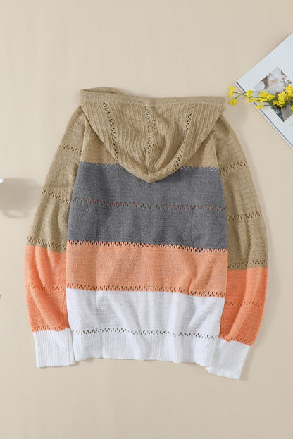 Multicolor Zipped Front Colorblock Hollow-Out Knit Hoodie OniTakai