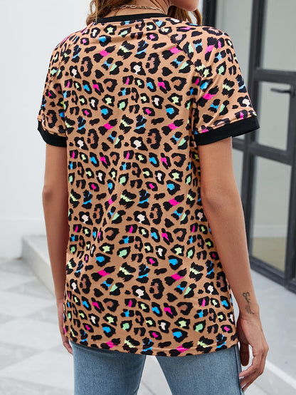 Multicolored Leopard Print Contrast Round Neck Short Sleeve T-Shirt OniTakai