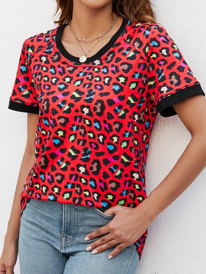 Multicolored Leopard Print Contrast Round Neck Short Sleeve T-Shirt OniTakai