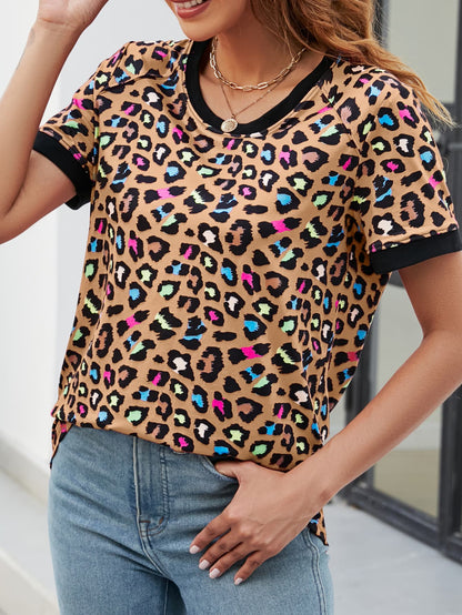 Multicolored Leopard Print Contrast Round Neck Short Sleeve T-Shirt OniTakai