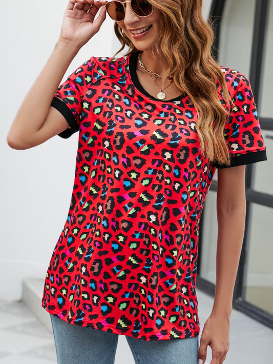 Multicolored Leopard Print Contrast Round Neck Short Sleeve T-Shirt OniTakai