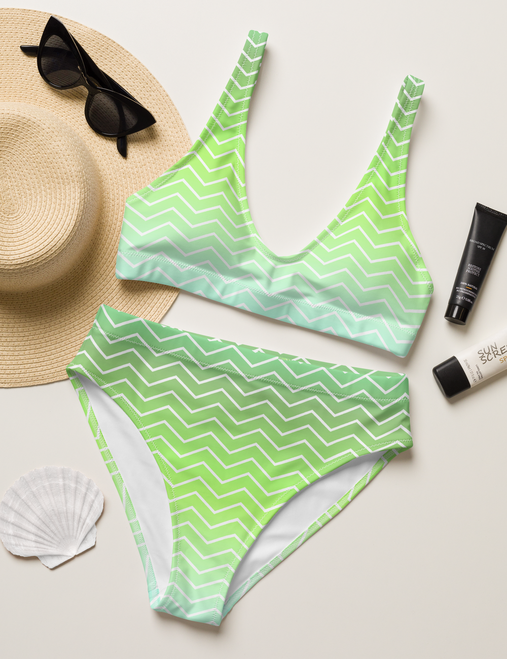 Neon Green Chevron Ombre Women's Essential High-Waisted Bikini OniTakai