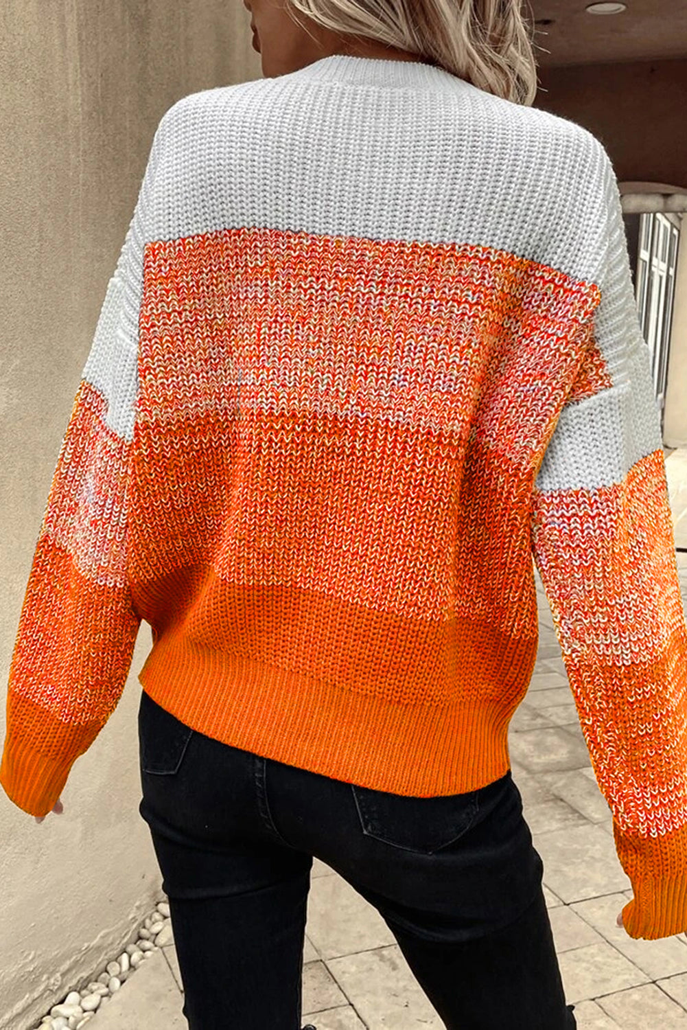 Orange Color Block Drop Shoulder Ribbed Trim Sweater OniTakai