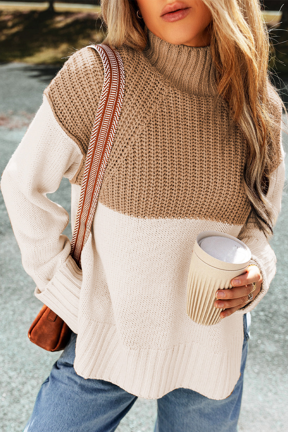 Parchment Cable Knit Color Block Side Splits High Neck Sweater OniTakai