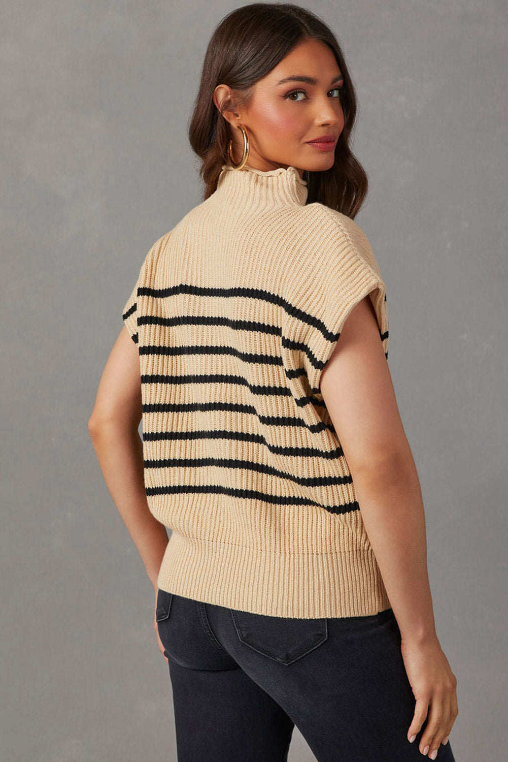 Parchment Striped Ribbed Knit High Neck Sweater OniTakai