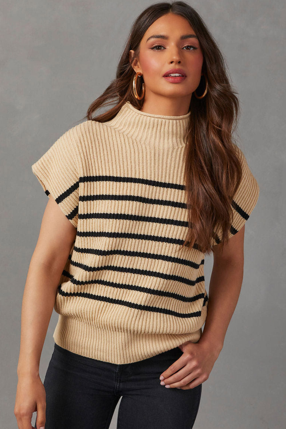 Parchment Striped Ribbed Knit High Neck Sweater OniTakai