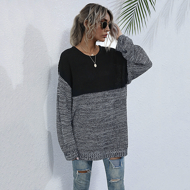 Women's Mid-Length Long Sleeve Knitted Crewneck Sweatshirt