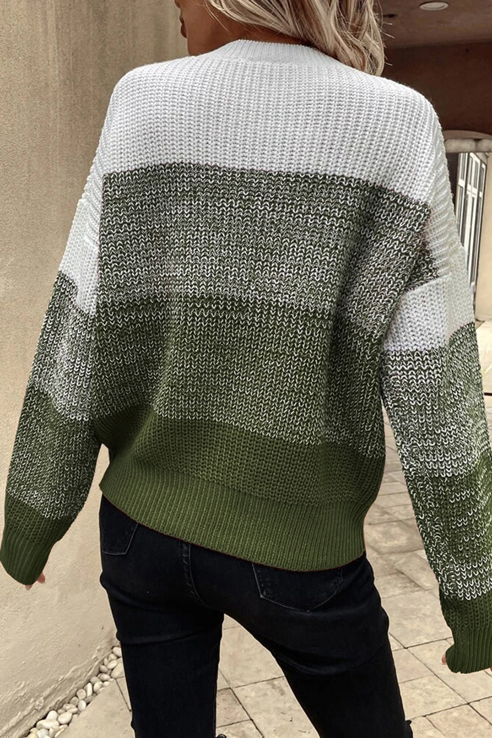 Pickle Green Color Block Drop Shoulder Ribbed Trim Sweater OniTakai