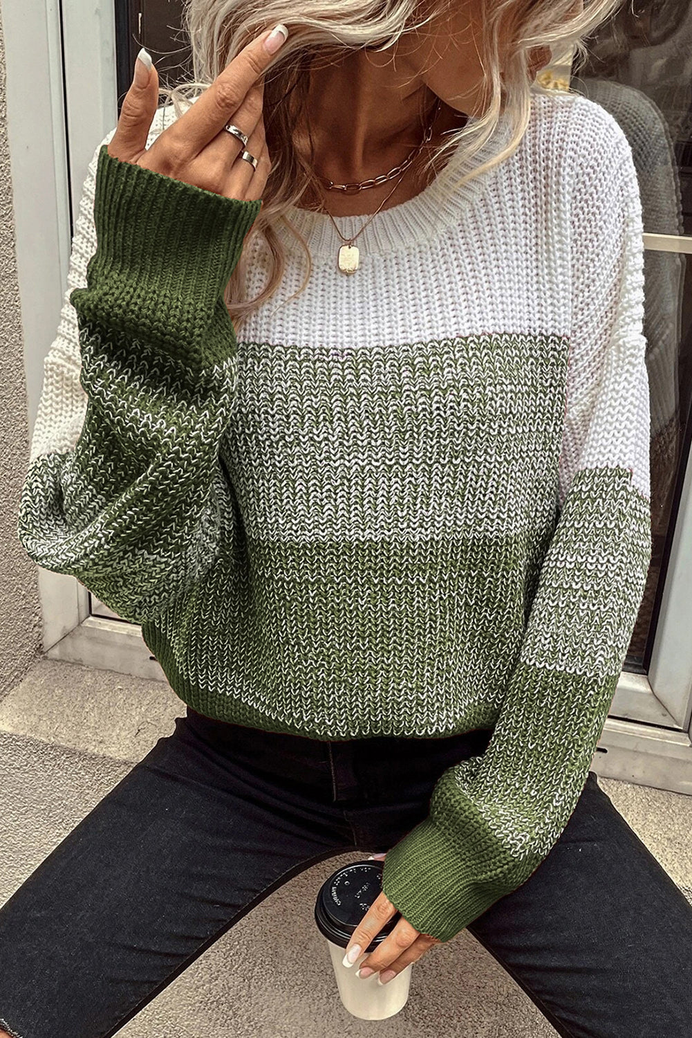 Pickle Green Color Block Drop Shoulder Ribbed Trim Sweater OniTakai