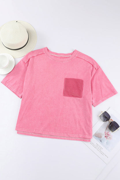 Pink Acid Wash Lace Patch Pocket T-Shirt OniTakai