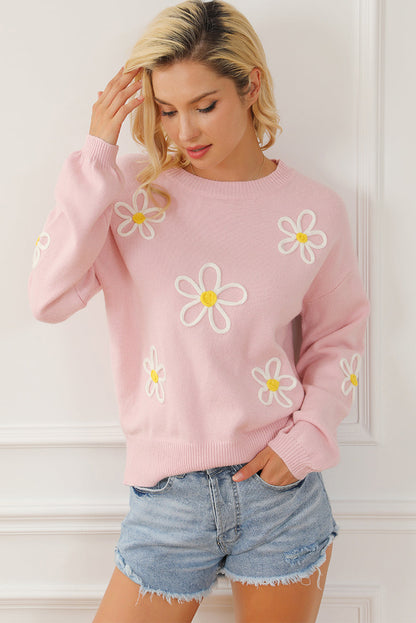 Pink Chenille Daisy Stitching Crew Neck Sweater OniTakai